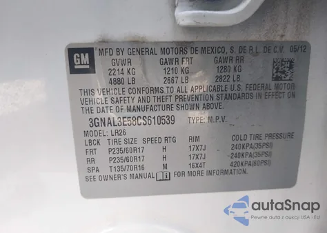 2012 Chevrolet Captiva Sport Lt из США, поврежденный, VIN 3GNAL3E58CS610539